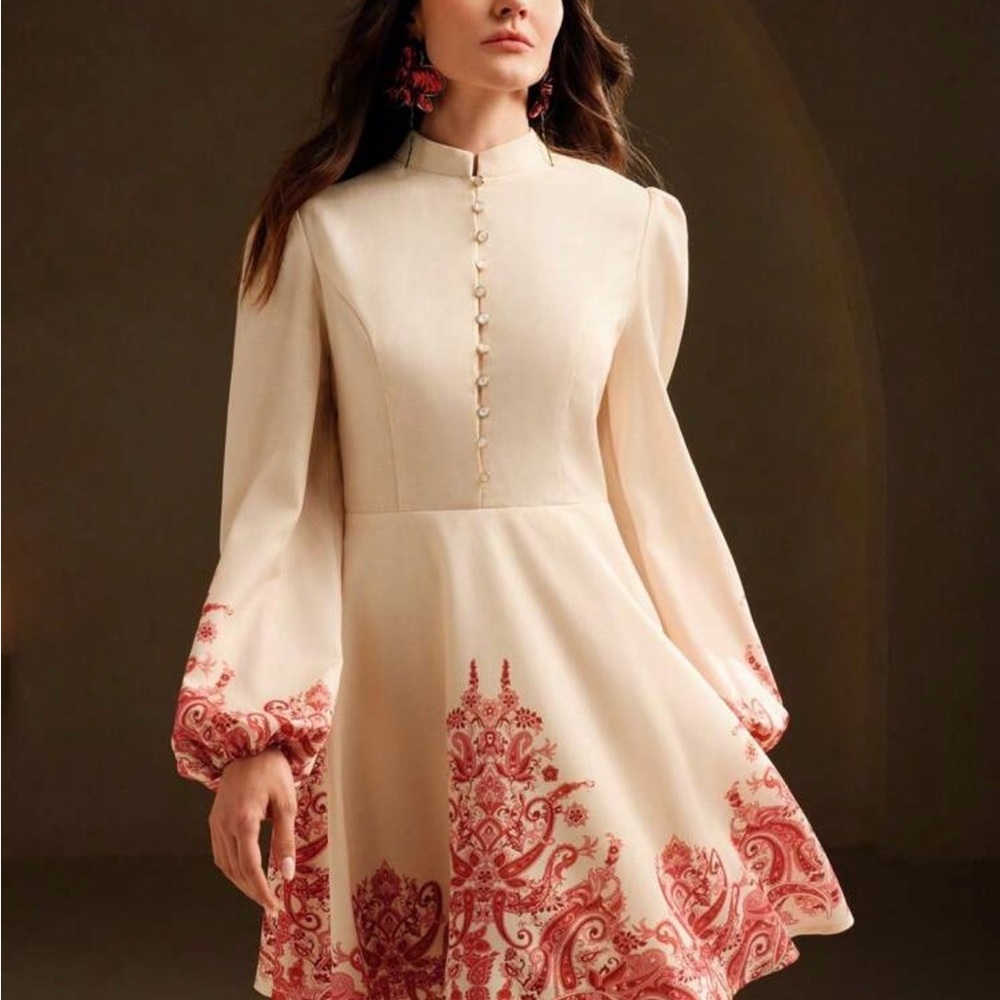 Elegant Cream Mini Dress with Red Paisley Trim